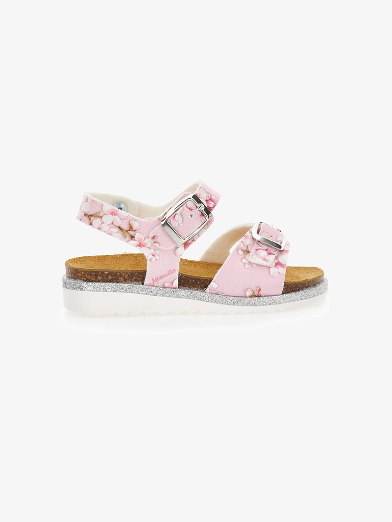 Roza cvetna sandala z dvema nastavljivima trakoma, srebrnim bleščečim podplatom, korkovo notranjostjo in belim gumijastim podplatom.