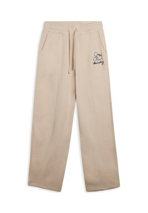 Pantaloni sportivi beige con cintura elastica, tasche laterali e un design di Topolino ricamato in blu navy sulla gamba sinistra. Texture liscia.