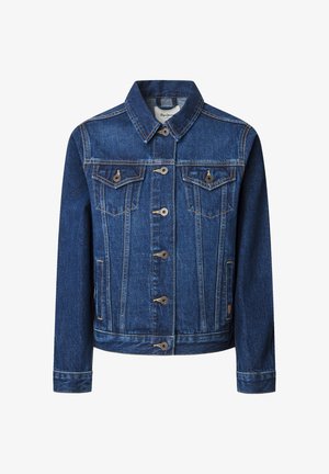 Džínová bunda v tmavomodrej farbe s klasickým strihom, zapínaním na gombíky, dvoma náprsními vreckami a kontrastným žltým prešívaním.