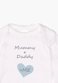 White cotton onesie featuring gray text that reads "Mummy + Daddy" and a light blue heart with "=ME" inside. Short sleeves and a round neckline.