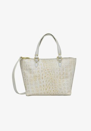 Große Tote-Tasche aus strukturiertem weißen synthetischen Material mit Krokodil-Muster, ausgestattet mit hellgrauen Griffen und goldenen Hardware-Details.