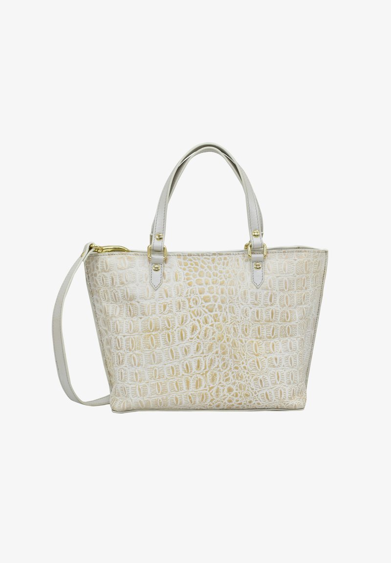 Große Tote-Tasche aus strukturiertem weißen synthetischen Material mit Krokodil-Muster, ausgestattet mit hellgrauen Griffen und goldenen Hardware-Details.