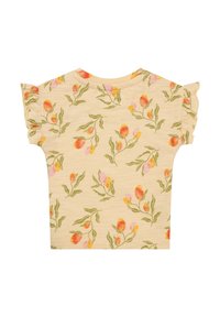 Korte mouwen gele top met gerimpelde schouders, met een bloemenpatroon in roze, oranje en groen. Gemaakt van zachte, gestructureerde stof.