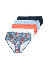 Pacco di sei mutande in cotone da donna in vari colori: blu con motivo floreale, bianco, corallo, azzurro, blu navy; dotate di dettagli con fiocchi.