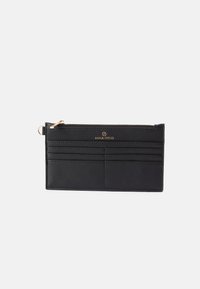 Black leather wallet with a zipper and gold hardware. Features multiple card slots and embossed logo on the front. Smooth texture.