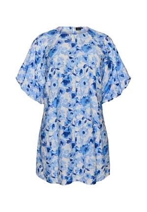 Krátké modrobílé květované šaty s volnými, širokými rukávy a kulatým výstřihem.