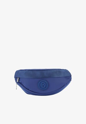 Marsupio in nylon blu con texture a coste e accento di logo circolare. Presenta una chiusura con zip e una forma curva per facilitarne l'indossamento.