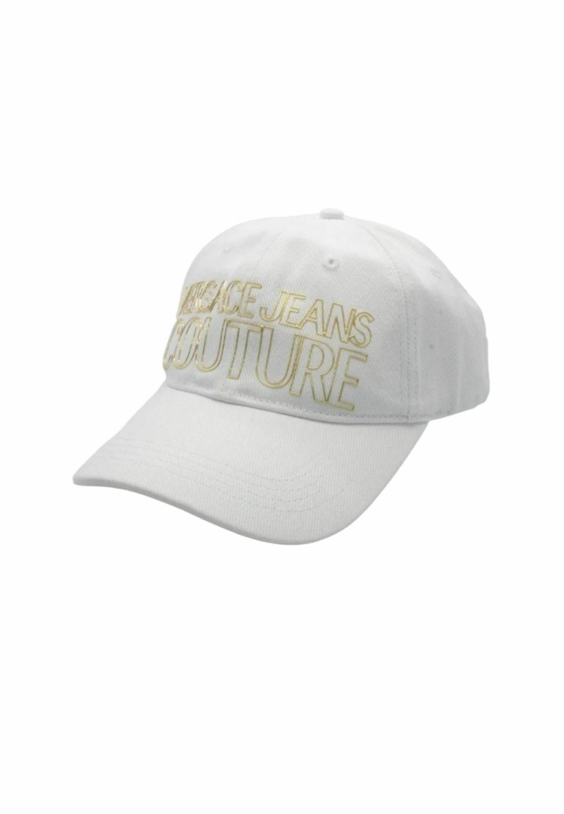 Cappellino da baseball bianco in cotone con ricamo in rilievo dorato che riporta la scritta "VERSACE JEANS COUTURE" sul davanti. Design con visiera curva.