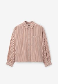 Striped button-up shirt in rust and white cotton, featuring a collar, long sleeves with buttoned cuffs, and a chest pocket.