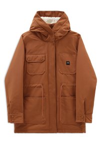 Veste à capuche marron avec quatre poches avant, poignets à boutons, taille à cordon et col doublé en polaire, avec un petit patch logo Vans noir.
