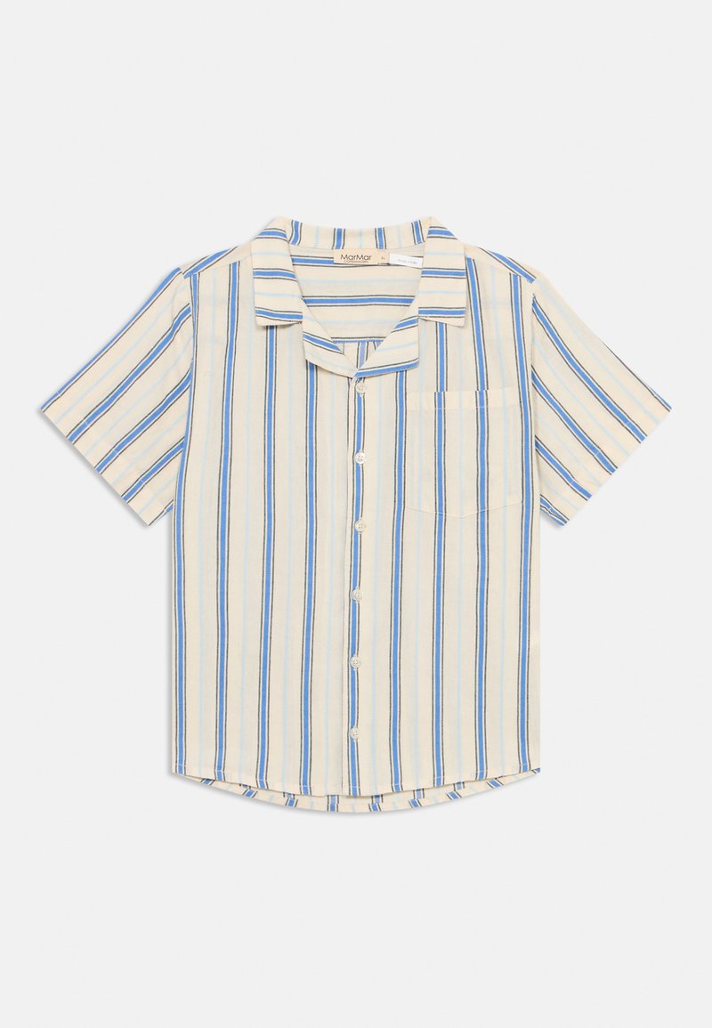 Kortärmad skjorta med krage i kremfärg med blå och marinblå vertikala ränder, med en ficka och knäppning framtill.