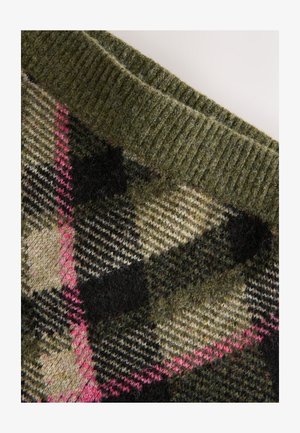 Knit sweater featuring a green, black, and pink check pattern with a ribbed neckline and textured fabric. Soft wool material.