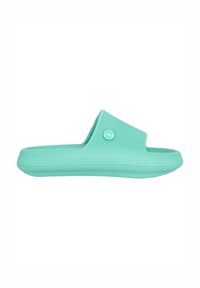 Akvafärgad halksandal i texturerad plast, med en bred rem och en präglad logotyp på sidan, samt en platt sula.