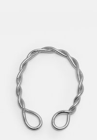 Metalen lus accessoire, gedraaide ontwerp, zilverkleurig, gladde textuur, met aan elk uiteinde twee langwerpige lussen voor bevestiging.