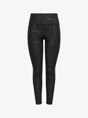 Crne tajice s visokim strukom s diskretnim velikim apstraktnim uzorkom slova i vidljivim šavom na prednjem dijelu.