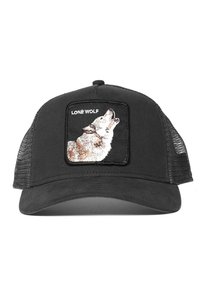 Gorra de béisbol negra con una parte trasera de malla, que presenta un parche cuadrado de un lobo aullando y el texto "LONE WOLF". Forma clásica y correa ajustable.