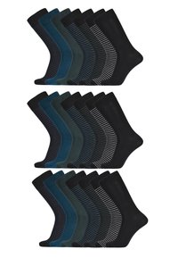 Assorted socks set in black, dark blue, and teal; features solid colors and patterned designs; ankle-length; soft cotton material.