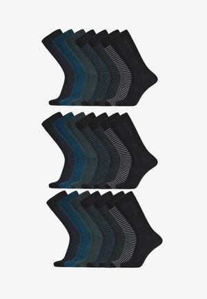 Assorted socks set in black, dark blue, and teal; features solid colors and patterned designs; ankle-length; soft cotton material.