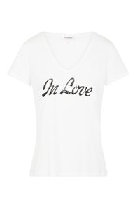 T-shirt in cotone bianco con scollatura a V e maniche corte, decorato con testo glitterato nero "In Love" in un font corsivo sulla parte anteriore.