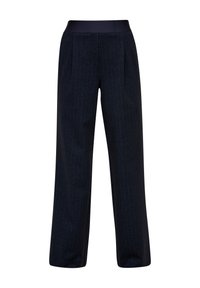 Pantalons larges bleu marine foncé avec des rayures verticales subtiles et une taille élastique noire.