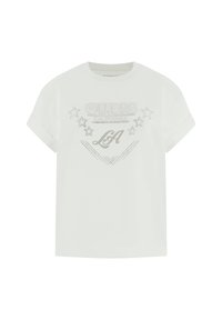 Wit katoenen T-shirt met een ronde hals en korte opgerolde mouwen. Voorzien van een zilveren grafisch ontwerp met sterren en het merkembleem.