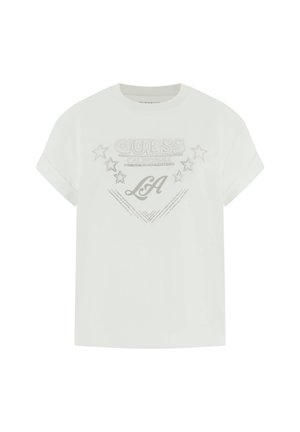 Wit katoenen T-shirt met een ronde hals en korte opgerolde mouwen. Voorzien van een zilveren grafisch ontwerp met sterren en het merkembleem.