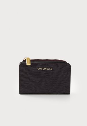 Dark purple textured leather wallet with a gold zipper and logo, rectangular shape, and a smooth, slightly glossy finish.
