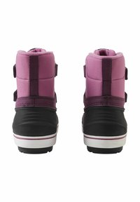 High-top shoes with a purple textile upper and black rubber sole. Features adjustable straps and white accent on the sole.