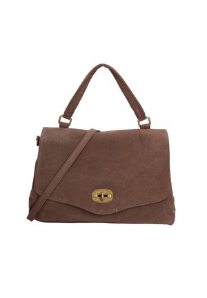 Borsa a tracolla in suede marrone con un design strutturato, dotata di manico superiore, tracolla regolabile e chiusura con ganci in tonalità oro.