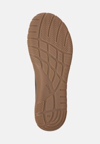 Καφέ λαστιχένια σόλα παπουτσιού με υφή στο πέλμα, διαθέτει ανυψωμένα τμήματα και λογότυπο, μέγεθος 42 τυπωμένο στην άκρη.