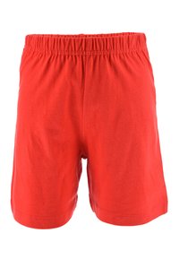 Red cotton shorts with an elastic waistband, featuring a simple design and smooth texture. No pockets or additional detailing.