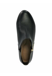 Botte de cheville en cuir noir avec une finition lisse, détail de zip sur le côté, bout arrondi et léger talon. L'intérieur présente une semelle intérieure rembourrée.