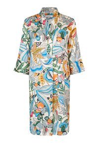 Blumenmuster Kleid aus leichtem Stoff, mit Kragen, schulterlangen Ärmeln und durchgehender Knopfleiste.