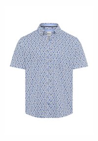 Korte mouwen shirt in lichtblauwe katoen met een multicolor bloemenpatroon, puntkraag en knoopsluiting aan de voorkant. Casual pasvorm, gladde textuur.