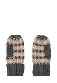 Mittens lavorati a maglia con un motivo a diamante marrone e beige, polsino grigio scuro e apertura per il pollice. Tessuto strutturato e caldo, adatto per il freddo.