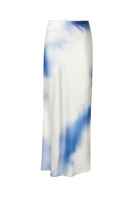 Lange, witte rok met een blauw tie-dye patroon. Gemaakt van een soepele, lichte stof met een tailleband en een vloerlange ontwerp.