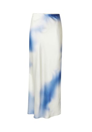 Langer, weißer Rock mit einem blauen Batikmuster. Hergestellt aus einem glatten, leichten Stoff mit einem Bund und bodenlanger Schnittform.