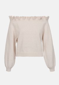 Off-the-shoulder cream sweater with ruffled neckline, long puff sleeves, and ribbed hem; made of soft, textured knit fabric.