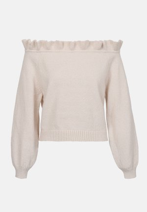 Pull crème décolleté avec un col volanté, des manches bouffantes longues et un ourlet côtelé ; fabriqué en tissu maille doux et texturé.