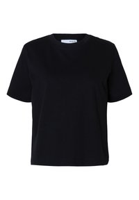 T-shirt noir à manches courtes avec col rond, coupe décontractée et design simple, présenté sur fond blanc.