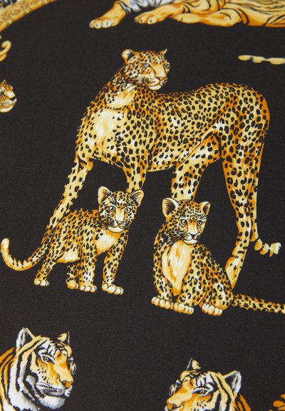 Black fabric with a leopard and tiger pattern. Features realistic depictions of leopards and tigers in yellow and black, with detailed fur textures.