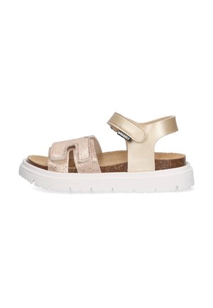 Light pink and gold sandals with two straps, one embossed, and a back strap. White rubber sole with textured grip. Cork footbed for comfort.