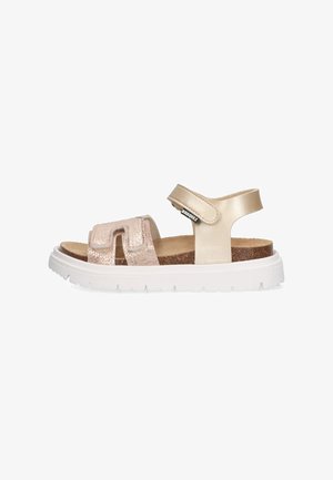 Lichtroze en gouden sandalen met twee banden, waarvan één met reliëf, en een achterband. Witte rubberen zool met textuur voor grip. Kurken voetbed voor comfort.