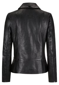 Černá kožená bunda s hladkým texturem, přiléhavým střihem, klopovým límcem a prošívanými detaily kolem lemu a rukávů.