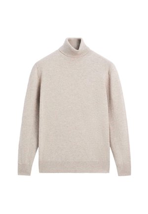 Pull en maille beige à col roulé et manches longues avec des poignets et un ourlet côtelés, présenté sur un fond blanc.