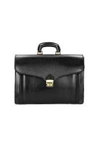 Czarna skórzana teczka o strukturalnym designie, z górn ą rączką, zapięciem w kolorze złotym i gładką, wypolerowaną powierzchnią.