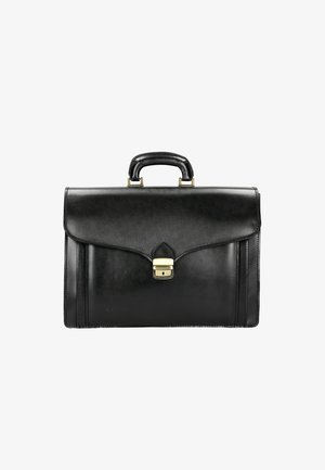 Valigetta in pelle nera con un design strutturato, dotata di manico superiore, chiusura in tonalità oro e una texture liscia e lucida.