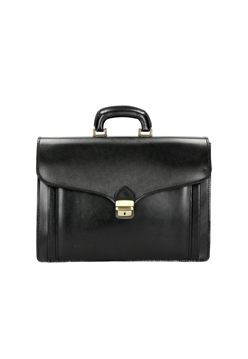 Czarna skórzana teczka o strukturalnym designie, z górną rączką, zapięciem w kolorze złotym i gładką, wypolerowaną powierzchnią.