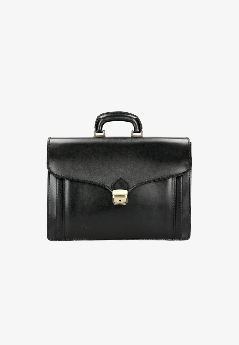 Černá kožená aktovka se strukturovaným designem, vybavená horním uchopem, zlatým zámkem a hladkým, lesklým povrchem.