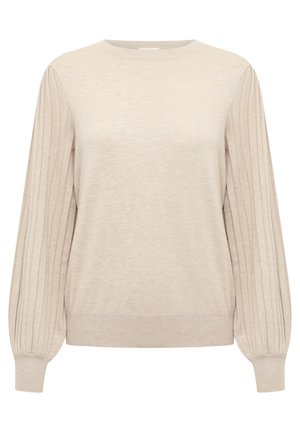 Light beige sweater with a rounded neckline, ribbed detailing on the sleeves, and a smooth body texture. Soft knit fabric, relaxed fit.